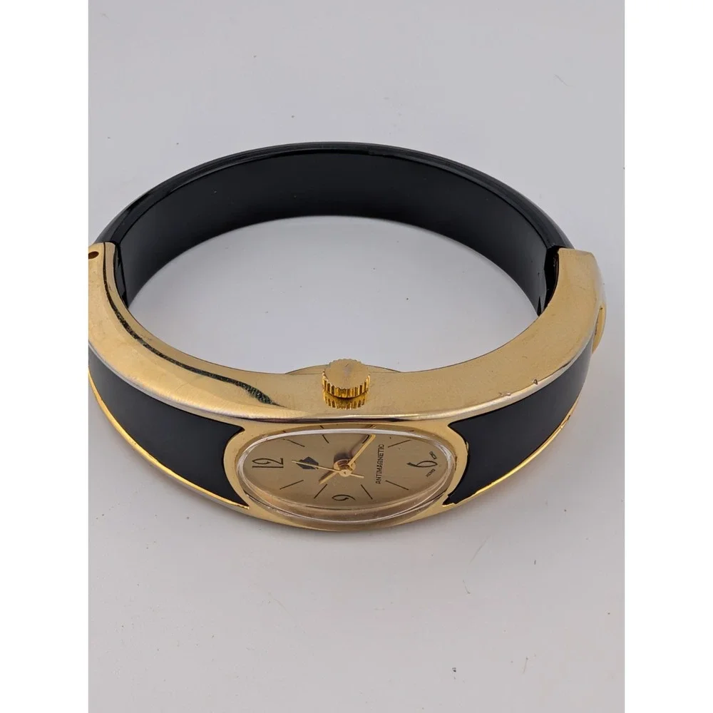Vintage Women's Mechanical Black and Gold Cuff Band Watch- Working